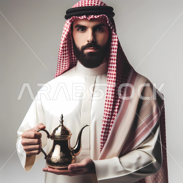 مفهوم الاناقة عند رجال العرب، العادات والتقاليد العربية الأصيلة، تقديم المشروبات الشاخنة، حسن الضيافة والاستقبال عند العرب، بورتريه مقربة لرجل عربي خليجي سعودي مبتسم يحمل بيده دلة قهوة، الاهتمام بالمظهر الخارجي، خلفية بيضاء