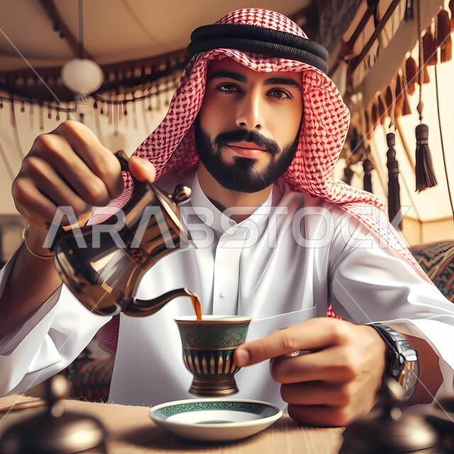 Good hospitality and reception among Arabs, a close-up of a smiling Saudi Gulf Arab man sitting inside a tent holding a coffee pot and a cup in his hand, serving hot drinks, authentic Arab customs and traditions, taking care of external appearance, the concept of elegance among Arab men