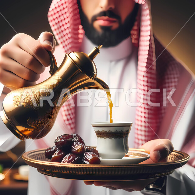 تمور المملك العربية السعودية، مفهوم الاناقة عند رجال العرب، العادات والتقاليد العربية الأصيلة، تقديم المشروبات الشاخنة، حسن الضيافة والاستقبال عند العرب، بورتريه مقربة لرجل عربي خليجي سعودي يقوم بصب القهوة في الفنجان، الاهتمام بالمظهر الخارجي، خلفية بيضاء