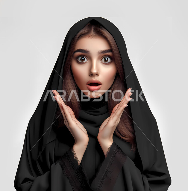 مفهوم الأنوثة والنعومة، حجابات نسائية عصريه حديثة، الاهتمام بالمظهر الخارجي، النظر الى الكاميرا بايماءات الدهشة والصدمة، بورتريه مقرب لامرأة عربية خليجية سعودية ترتدي الحجاب والعباءة السوداء، خلفية بيضاء