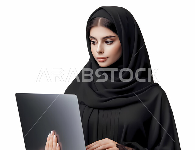 استخدام التكنولوجيا الحديثة، مفهوم الأنوثة والنعومة، حجابات نسائية عصريه حديثة، الاهتمام بالمظهر الخارجي، مهن ووظائف نسائية، بورتريه مقرب لامرأة عربية خليجية سعودية ترتدي الحجاب والعباءة السوداء تقوم بالعمل على جهاز الحاسوب المحمول، خلفية بيضاء