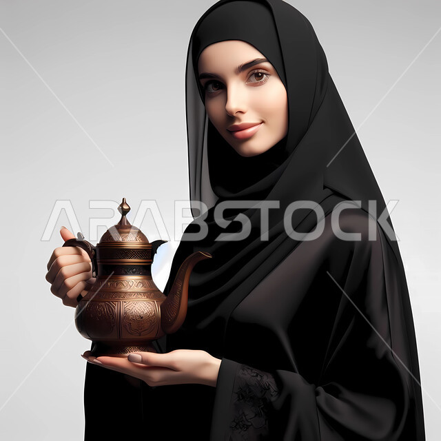 حسن الضيافة والاستقبال عند العرب، مفهوم الأنوثة والنعومة، الاهتمام بالمظهر الخارجي، النظر الى الكاميرا بايماءات الثقة بالنفس، بورتريه مقرب لامرأة عربية خليجية سعودية ترتدي الحجاب والعباءة السوداء تحمل بيدها ابريق قهوة عتيق، خلفية بيضاء
