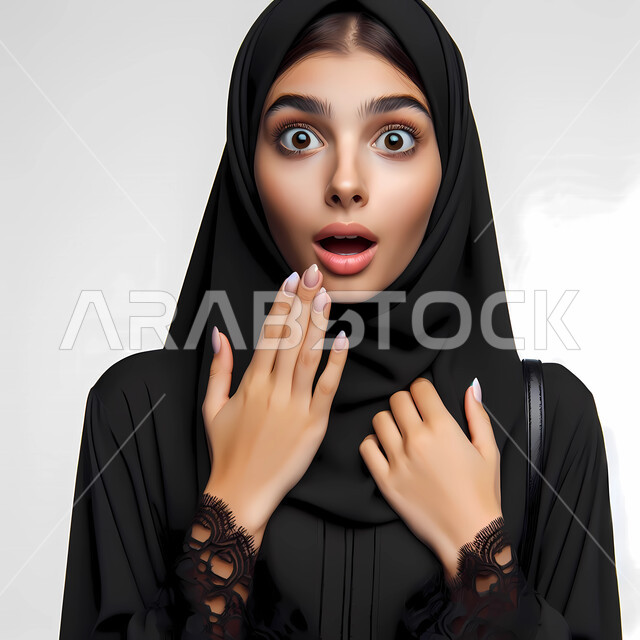 حجابات نسائية عصريه حديثة، مفهوم الأنوثة والنعومة، الاهتمام بالمظهر الخارجي، النظر الى الكاميرا بايماءات الدهشة والصدمة، بورتريه مقرب لامرأة عربية خليجية سعودية ترتدي الحجاب والعباءة السوداء، خلفية بيضاء