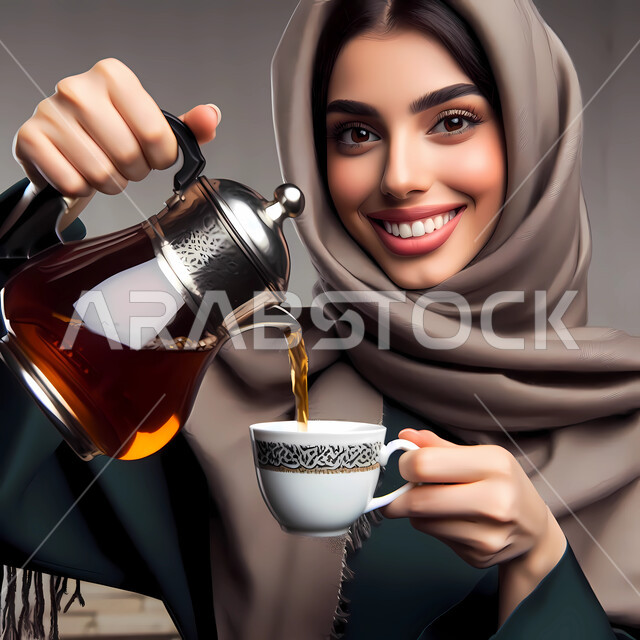 إيماءات السعادة والسرور،العادات والتقاليد الأصيلة، تقديم المشروبات الساخنة، حسن الضيافة والاستقبال عند العرب، مفهوم الأنوثة والنعومة، الاهتمام بالمظهر الخارجي، بورتريه مقرب لامرأة عربية خليجية سعودية ترتدي العباءة السوداء تحمل بيدها ابريق زجاجي تقوم بصب الشاي، خلفية رمادية