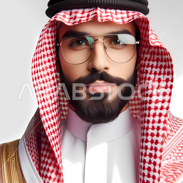 صورة شخصية للوثائق الرسمية، الاهتمام بالمظهر الخارجي، بورتريه مقرب لشاب عربي خليجي سعودي يرتدي البشت والشماغ يضع نظارة طبية لتحسين النظر، مفهوم الاناقة والعناية بالنفس عند الرجال، النظر إلى الكاميرا بإيماءات الجدية والثقة، خلفية بيضاء