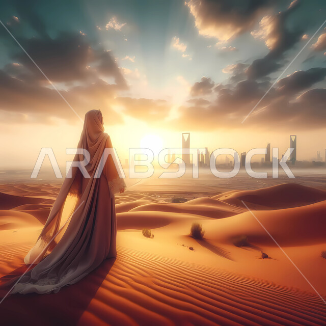 منظر السماء المليئة بالغيوم في وقت الغروب، الهضاب والتلال الرملية، صورة من الخلف لامرأة عربية خليجية سعودية محجبة ترتدي عباءة تقف في وسط الصحراء، الطبيعة الصحراوية في المملكة العربية السعودية، الرمال الذهبية الناعمة، التقدم والنمو العمراني للأبراج وناطحات السحاب