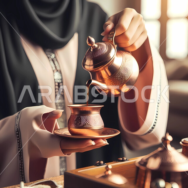 تقديم المشروبات الساخنة، العادات و التقاليد الأصيلة، حسن الضيافة والاستقبال عند العرب، مفهوم الأنوثة والنعومة، الاهتمام بالمظهر الخارجي، صورة مقربة لايدي امرأة عربية خليجية سعودية ترتدي العباءة السوداء تقوم بصب القهوة في فنجان نحاسي