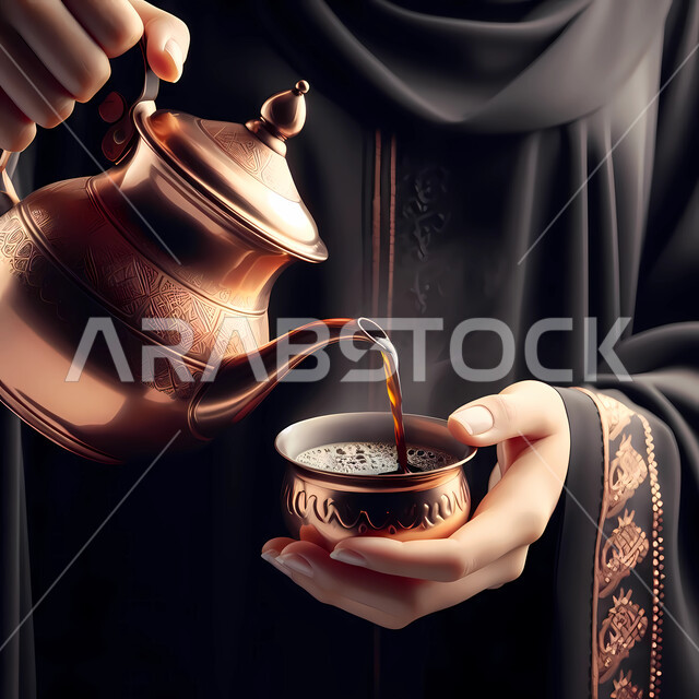 العادات والتقاليد الأصيلة، تقديم المشروبات الساخنة، حسن الضيافة والاستقبال عند العرب، مفهوم الأنوثة والنعومة، الاهتمام بالمظهر الخارجي، صورة مقربة لايدي امرأة عربية خليجية سعودية ترتدي العباءة السوداء تقوم بصب القهوة في فنجان نحاسي