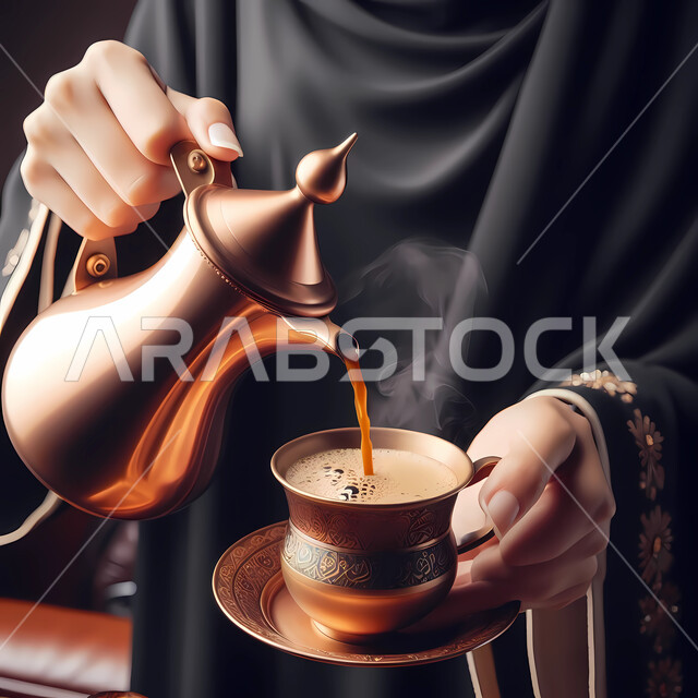 صب القهوة في فنجان نحاسي، العادات والتقاليد الأصيلة، تقديم المشروبات الساخنة، حسن الضيافة والاستقبال عند العرب، مفهوم الأنوثة والنعومة، الاهتمام بالمظهر الخارجي، صورة مقربة لايدي امرأة عربية خليجية سعودية ترتدي العباءة السوداء تحمل بيدها ابريق عتيق