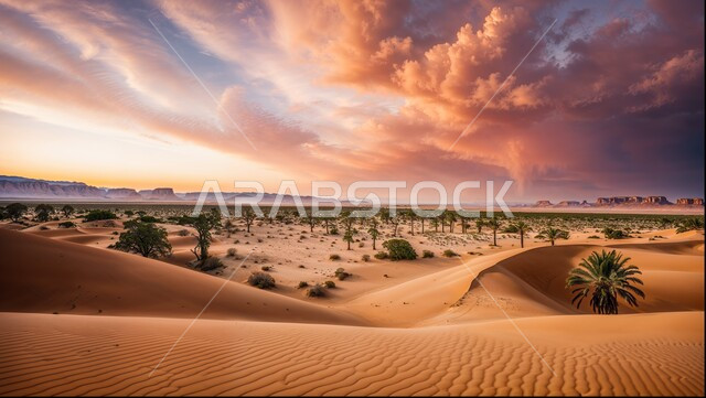 منظر السماء والسحب اثناء غروب الشمس، المناطق البرية والبيئة الصحراوية في المملكة العربية السعودية، زراعة اشجار النخل والنباتات الخضراء في البادية، شجرة نخيل التمر والرطب وسط الرمال الذهبية الناعمة، خلفية الطبيعة