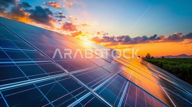 محطات الطاقات الشمسية المتجددة, مفهوم انتاج الطاقة البديلة الصديقة للبيئة في السعودية, منظر السماء المليئة بالغيوم البيضاء وقت غروب الشمس، صورة مقربة للوح الطاقة الكهروضوئية