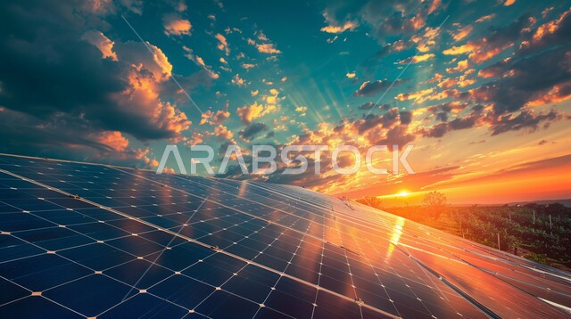 The concept of producing environmentally friendly alternative energy in Saudi Arabia, renewable solar energy stations, a view of the sky filled with white clouds at sunset, a close-up of a photovoltaic panel