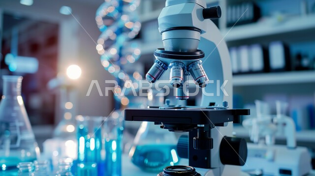 Precision testing devices for chemicals, examining samples using an optical microscope in an advanced medical research laboratory, the development of biotechnology in scientific laboratories in the Kingdom of Saudi Arabia, the concept of medicine and health care.