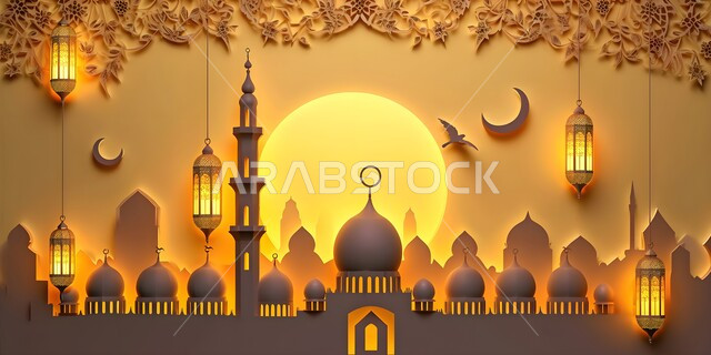 Architectural engineering art of the domes and minarets of mosques, decorations and adornments for the holy month of Ramadan, greeting and congratulation cards to celebrate the advent of the holy month, a spiritual Ramadan atmosphere, Islamic backgrounds