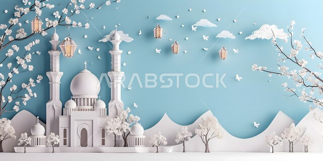 زينة وديكورات شهر رمضان المبارك، بطاقة معايدة وتهنئة للإحتفال بقدوم الشهر الفضيل، أجواء رمضانية روحانية,  الفن الهندسي المعماري لقبب ومآذن المساجد، خلفيات اسلامية 