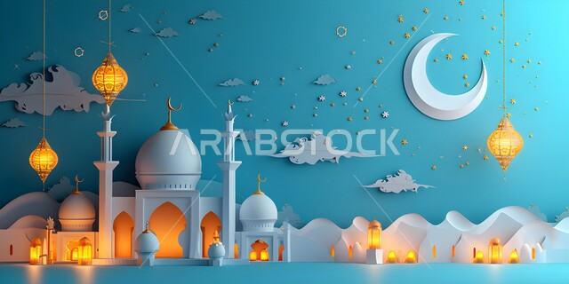  الفن الهندسي المعماري لقبب ومآذن المساجد، ديكورات وزينة شهر رمضان المبارك، بطاقة معايدة وتهنئة للإحتفال بقدوم الشهر الفضيل، أجواء رمضانية روحانية, خلفيات اسلامية 