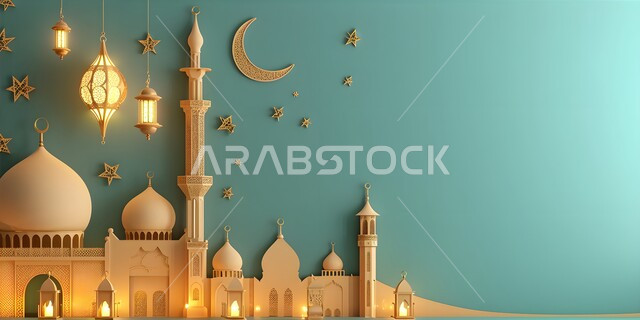 أجواء رمضانية روحانية, الفن الهندسي المعماري لقبب ومآذن المساجد، ديكورات وزينة شهر رمضان المبارك، بطاقة معايدة وتهنئة للإحتفال بقدوم الشهر الفضيل، خلفيات اسلامية