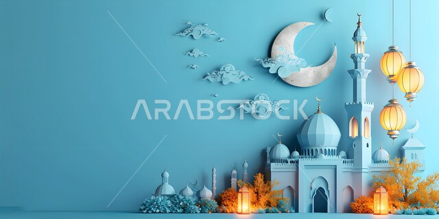 بطاقة معايدة وتهنئة للإحتفال بقدوم الشهر الفضيل، أجواء رمضانية روحانية, الفن الهندسي المعماري لقبب ومآذن المساجد، ديكورات وزينة شهر رمضان المبارك، خلفيات اسلامية