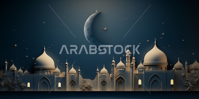 ديكورات وزينة شهر رمضان المبارك، بطاقة معايدة وتهنئة للإحتفال بقدوم الشهر الفضيل، أجواء رمضانية روحانية, الفن الهندسي المعماري لقبب ومآذن المساجد، خلفيات اسلامية