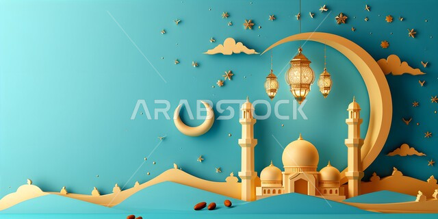 Decorations and decorations for the holy month of Ramadan, a greeting and congratulation card to celebrate the advent of the holy month, a spiritual Ramadan atmosphere, architectural art for the domes and minarets of mosques, Islamic backgrounds