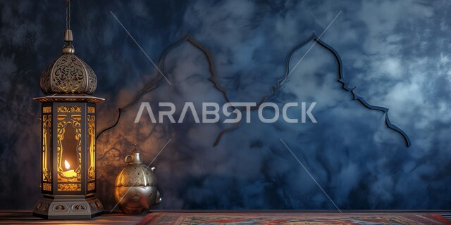 فانوس عربي معدني مزخرف مضيء، العادات والتقاليد العربية في زينة الأعياد والمناسبات الدينية، تحف وديكورات تقليدية للاحتفال بقدوم شهر رمضان المبارك، أجواء رمضانية وروحانية إسلامية