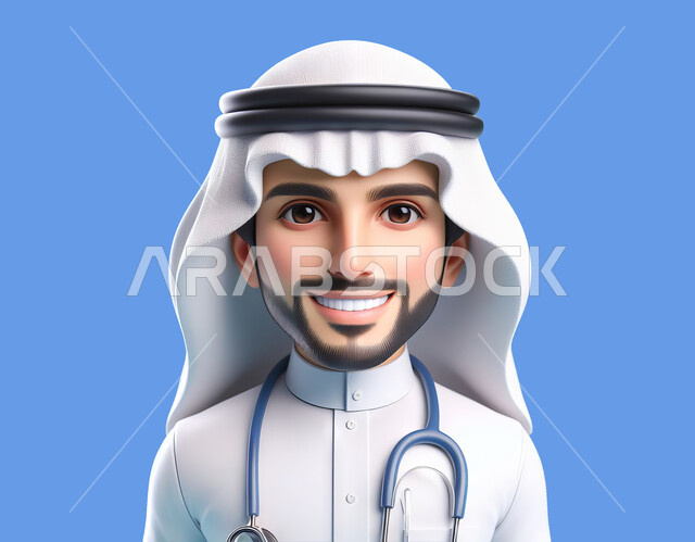 تعابير وايماءات السرور والرضا لمساعدة المرضى، مفهوم الخدمات الصحية، صورة مقربة ثلاثية الأبعاد لطبيب عربي خليجي سعودي مبتسم يرتدي الغترة والمعطف الطبي و يضع السماعات الطبية لسماع نبضات القلب، خلفية زرقاء