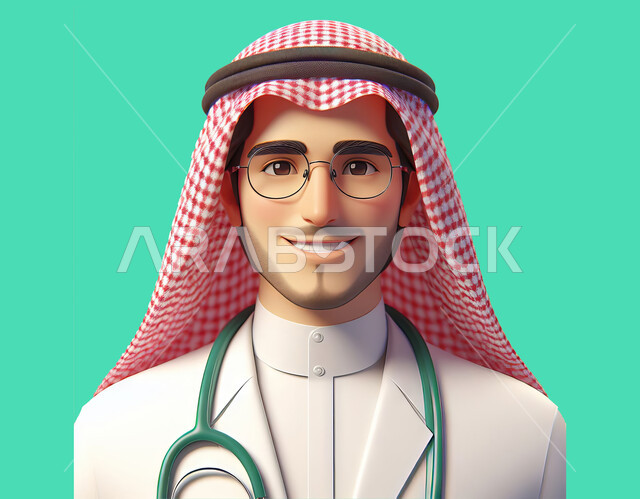  ايماءات وجه تدل على السرور والرضا لمساعدة المرضى، مفهوم الخدمات الصحية، صورة مقربة ثلاثية الأبعاد لطبيب عربي خليجي سعودي مبتسم يرتدي الشماغ والمعطف الطبي و يضع السماعات الطبية لسماع نبضات القلب، خلفية خضراء