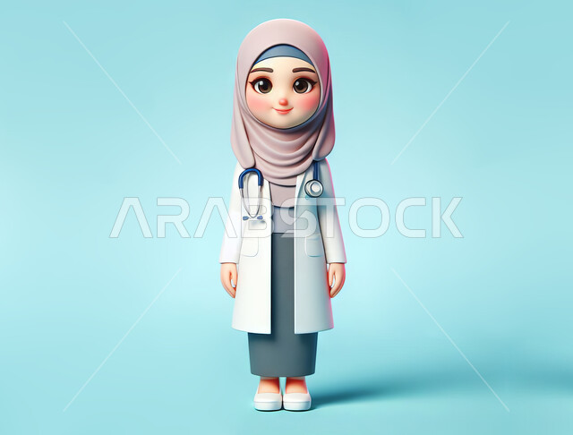 تقديم الخدمات العلاجية والفحوصات الطبية للمرضى, العمل في القطاع الصحي, مهن ووظائف نسائية سعودية, رسوم توضيحية ثلاثية الابعاد لطبيبة عربية خليجية سعودية محجبة مبتسمة ترتدي المعطف الطبي الأبيض وسماعة الفحص تقف باستقامة, النظر إلى الكاميرا بثقة, خلفية زرقاء