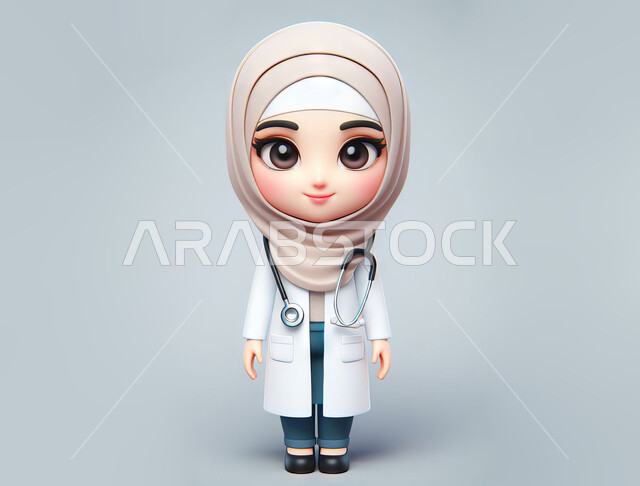 العمل في القطاع الصحي, رسوم توضيحية ثلاثية الابعاد لطبيبة عربية خليجية سعودية محجبة مبتسمة ترتدي المعطف الطبي الأبيض وسماعة الفحص تقف باستقامة, النظر إلى الكاميرا بثقة, تقديم الخدمات العلاجية والفحوصات الطبية للمرضى, مهن ووظائف نسائية سعودية, خلفية رمادية
