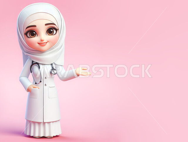 رسوم توضيحية ثلاثية الابعاد لطبيبة عربية خليجية سعودية محجبة مبتسمة ترتدي المعطف الطبي الأبيض وسماعة الفحص تقف باستقامة, النظر إلى الكاميرا بثقة, تقديم الخدمات العلاجية والفحوصات الطبية للمرضى, العمل في القطاع الصحي, مهن ووظائف نسائية سعودية, خلفية وردية