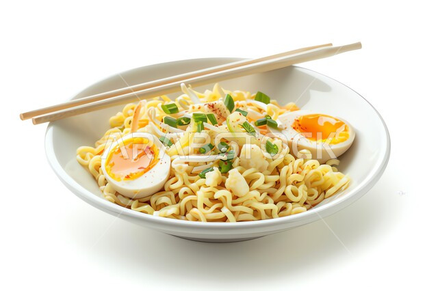 طبق من معكرونة السباغيتي مع الخضراوات مزين بالأعشاب الخضراء, أطباق ووجبات آسيوية شرقية، وعاء نودلز مع البيض المسلوق وأصناف الخضار الطازجة، وجبة من الباستا الشهية، مطاعم المأكولات السريعة، خلفية بيضاء