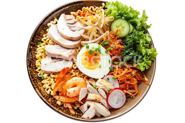 A plate of spaghetti pasta with vegetables decorated with green herbs, East Asian dishes and meals, a bowl of noodles with boiled eggs and fresh vegetables, a meal of delicious pasta, fast food restaurants, white background