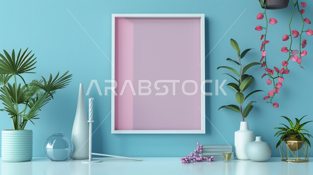 غرفة بتصاميم عصرية حديثة، ديكورات داخلية مميزة، لوحات جدارية فارغه معلقة, تحف وإكسسوارات عصرية حديثة, أثاث منزلي راقي، الاهتمام في نباتات الزينة الخضراء، خلفية الجدران الزرقاء