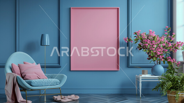 لوحات جدارية وردية معلقة، ديكورات داخليه أنيقة، غرفة جلوس مع أريكة زرقاء، شقق وفلل سكنية في السعودية، غرف معيشه بتصاميم عصرية حديثه فاخرة، تحف و إكسسوارات وأثاث منزلي راقي، الاهتمام في نباتات الزينة الخضراء