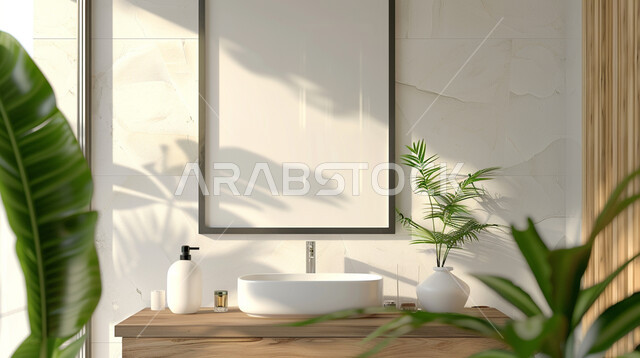 تصميم حمام حديث في منزل عصري، تصاميم وديكورات داخلية للحمامات، شقق وفلل سكنية سياحية فاخرة، تصميم معماري هندسي, لوحات جدارية بيضاء فارغه معلقة, الاهتمام في نباتات الزينة الخضراء