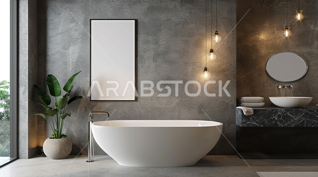 التصميم الهندسي المعماري على الطراز الحديث، حمام فاخر في أحد الفنادق، مفهوم التصاميم والديكورات الداخلية للحمامات، دورة مياه رخاميه في أحد المباني السكنيه، الفلل والشقق الفاخرة, لوحات جدارية بيضاء معلقة, الاهتمام في نباتات الزينة الخضراء