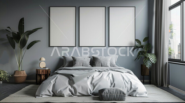 غرفة نوم مصممة بأسلوب حديث، غرف بتصاميم داخلية عصرية فاخرة، فلل وشقق سكنية بديكورات متطورة، فنون الهندسة المعمارية والديكور في الفنادق والمنتجعات, سرير ووسائد مريحة، أثاث منزلي راقي وأنيق, الاهتمام في نباتات الزينة الخضراء