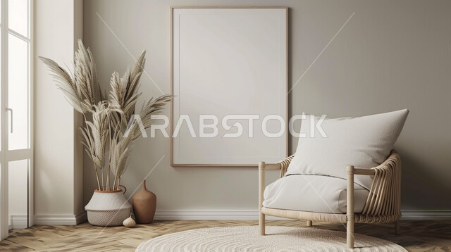 لوحات جدارية بيضاء معلقة ,غرفة جلوس مع أريكة بديكورات داخليه أنيقة، شقق وفلل سكنية في السعودية، غرف معيشه بتصاميم عصرية حديثه فاخرة، تحف و إكسسوارات وأثاث منزلي راقي