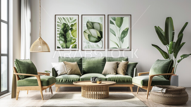 ديكورات داخليه أنيقة، غرف معيشه بتصاميم عصرية حديثه فاخرة، الاهتمام في نباتات الزينة ,تحف و إكسسوارات وأثاث منزلي راقي, لوحات جدارية فنية معلقة ,شقق وفلل سكنية في السعودية، غرفة جلوس مع أريكة ووسائد خضراء اللون