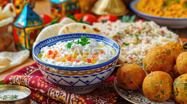 سفرة مليئة بالمأكولات والمقبلات الباردة العربية الشرقية, صورة مقربة لطبق البابا غنوج وكرات البطاطس المقلية, مطاعم المملكة العربية السعودية, وصفات الطعام الشهية واللذيذة, كرم الضيافة في المطبخ العربي الخليجي