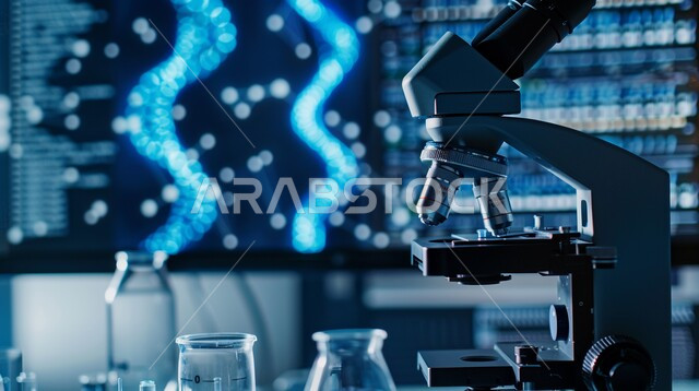 The concept of scientific research and development, examining samples using an optical microscope in an advanced medical research laboratory, the development of biotechnology in scientific laboratories in the Kingdom of Saudi Arabia, accurate inspection devices for chemical substances, medicine and health care.