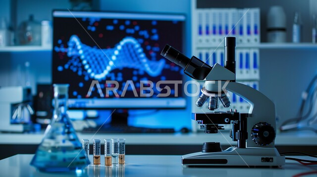 الطب والرعاية الصحيه, مفهوم البحث والتطوير العلمي, فحص العينات عبر جهاز المجهر الضوئي في مخبر الأبحاث الطبية المتطور, تطور التكنولوجيا الحيوية في المختبرات العلمية في المملكة العربية السعودية، أجهزة الفحص الدقيقة للمواد الكيمائية