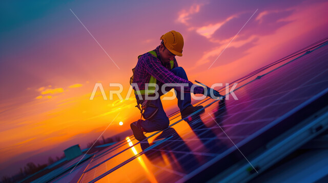 توفير الكهرباء باستخدام الطاقات البديلة, توليد الطاقه الكهربائية من الشمس والرياح, مهندس عربي خليجي سعودي يرتدي الخوذة وسترة الحماية يقوم بالاشراف على ألواح الطاقة الشمسية