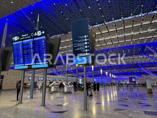  تقديم وتوفير التسهيلات والخدمات للمغادرين والقادمين في مطار الملك عبد العزيز في مدينة جده، صالات استقبال المسافرين، الفن الهندسي والديكور الداخلي لمطار جده الدولي في المملكة العربية السعودية، شاشات الكترونية ارشادية لمعرفة وتحديد مواعيد رحلات السفر الجويه