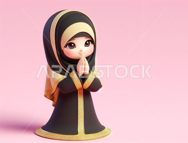 النظر إلى الكاميرا بإيماءات الشكر، مفهوم الاهتمام بالأناقة والمظهر الخارجي, رسم كرتوني ثلاثي الأبعاد لبنت عربية خليجية سعودية مبتسمة محجبة ترتدي الزي الشعبي التقليدي ترفع يديها بتعابير الاستقبال والترحيب، خلفية وردية