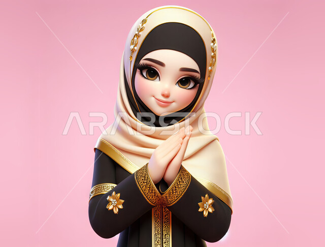 مفهوم الأناقة و الاهتما بالمظهر الخارجي, النظر إلى الكاميرا بإيماءات الشكر، صورة مقربة لرسم كرتوني ثلاثي الأبعاد لامرأة عربية خليجية سعودية مبتسمة محجبة ترتدي الزي الشعبي التقليدي ترفع يديها بتعابير الاستقبال والترحيب، خلفية وردية