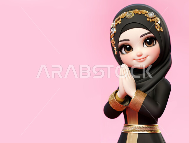 مفهوم الاهتمام بالأناقة والمظهر الخارجي, النظر إلى الكاميرا بإيماءات الشكر، صورة مقربة لرسم كرتوني ثلاثي الأبعاد لفتاة عربية خليجية سعودية مبتسمة محجبة ترتدي الزي الشعبي التقليدي ترفع يديها بتعابير الاستقبال والترحيب، خلفية وردية
