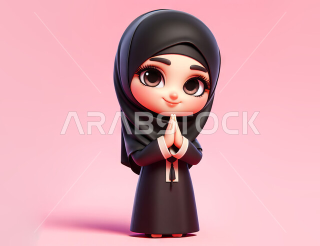 النظر إلى الكاميرا بإيماءات الشكر، مفهوم الاهتمام بالأناقة والمظهر الخارجي, رسم كرتوني ثلاثي الأبعاد لفتاة عربية خليجية سعودية مبتسمة محجبة ترتدي الزي الشعبي التقليدي ترفع يديها بتعابير الاستقبال والترحيب، خلفية وردية