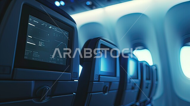 استخدام التكنولوجيا الحديثة، خطوط الطيران السعودي، صورة مقربة للشاشات على ظهر المقاعد في الطائرة، الرحل و السفريات الجوية، التطور والتقدم التقني