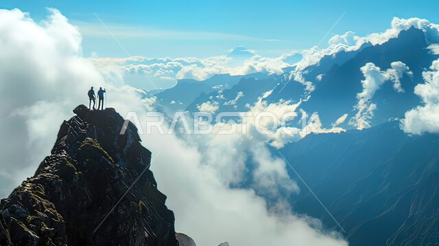منظر السماء المليئة بالغيوم، رجلان يقفان على قمة جبل، الجبال الصخرية في المملكة العربية السعودية، القمم والمرتفعات الجبلية، أماكن سياحية في السعودية